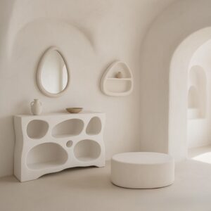 БЯЛ MDF ТВ ШКАФ/КОНЗОЛА С НЕСТАНДАРТНИ РАФТОВЕ 120X35X80 СМ