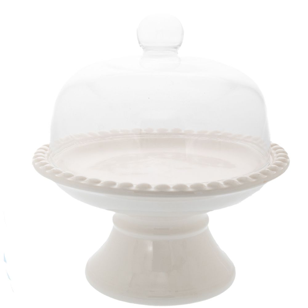 ПЛОЩАДКА ЗА ТОРТА DECO STONEWARE WHITE W GLASS CAP 30x30x31.5CM