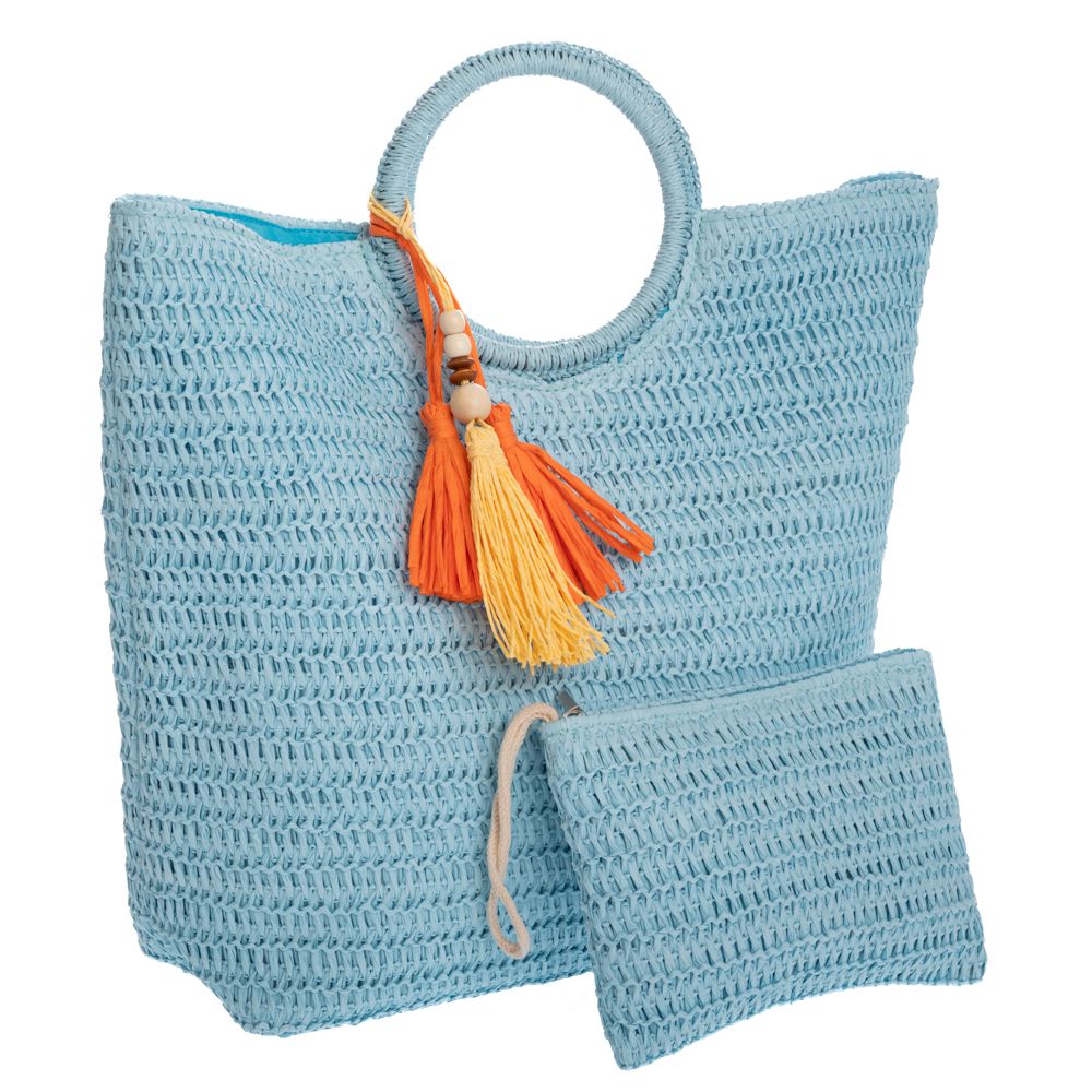 СИНЯ СЛАМЕНА ПЛАЖНА ЧАНТА С КРЪГЛА ДРЪЖКА И ПОРТФЕЙЛ 48X14X38 23X16 СМ